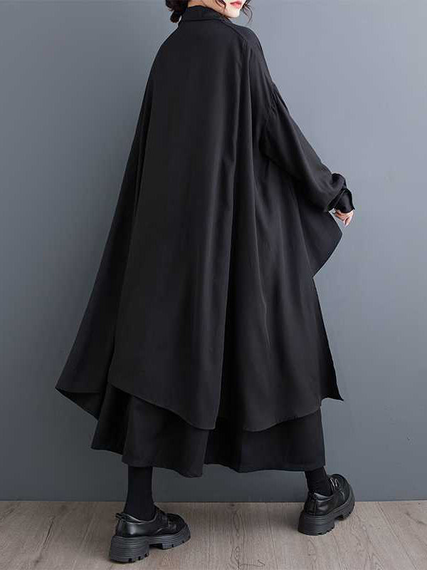 Original schwarze Bluse mit asymmetrischem Revers und Knöpfen, hohem und niedrigem Saum, langen Ärmeln, TW009