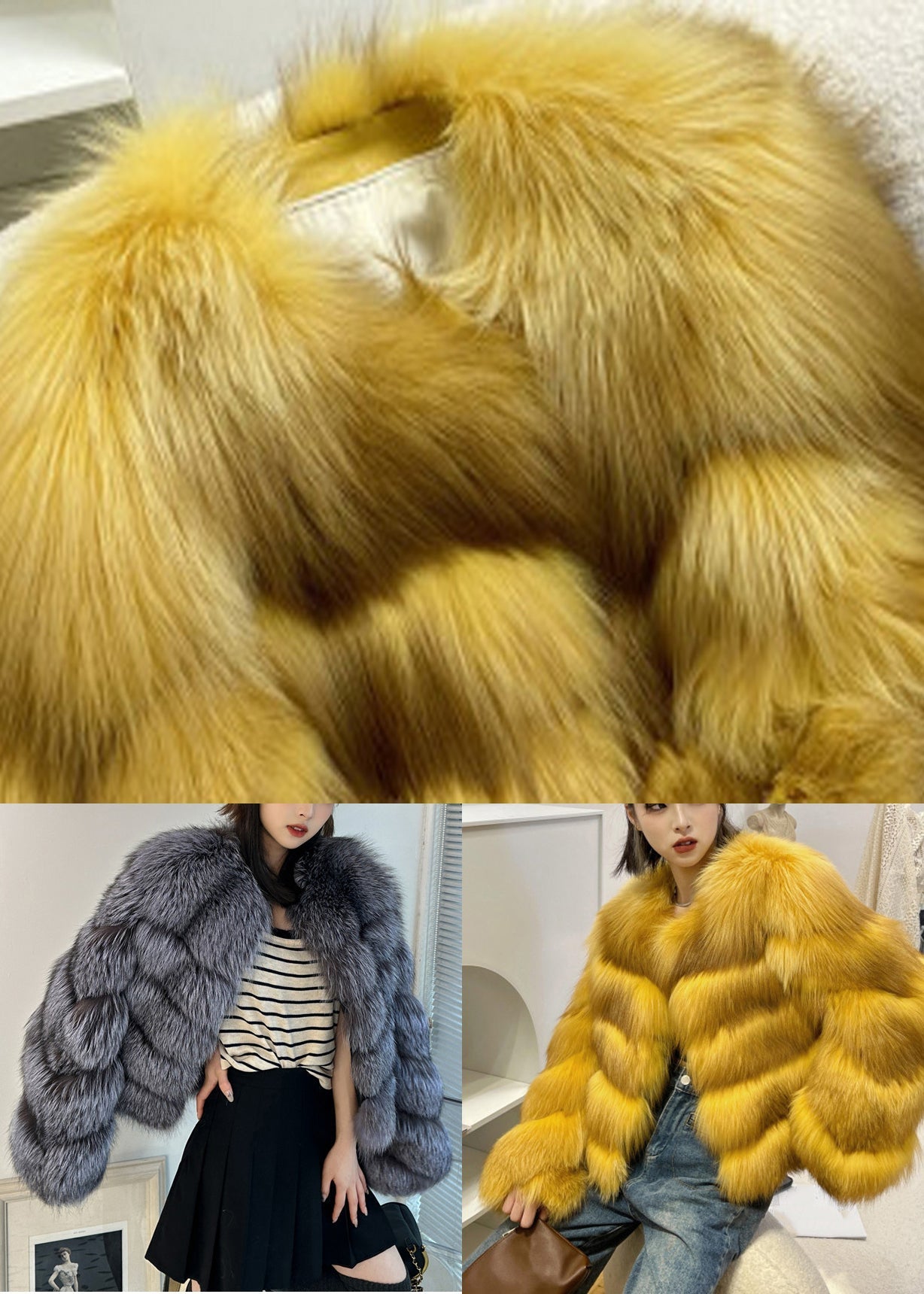 Manteaux élégants en cuir et fourrure de renard jaune pour l'hiver WV031