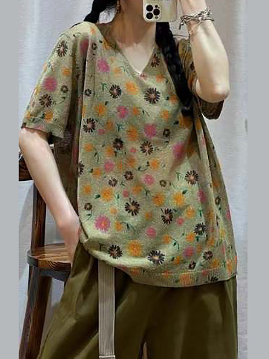 Women Casual Flower Summer V-Neck Loose Pullover Shirt QW1028