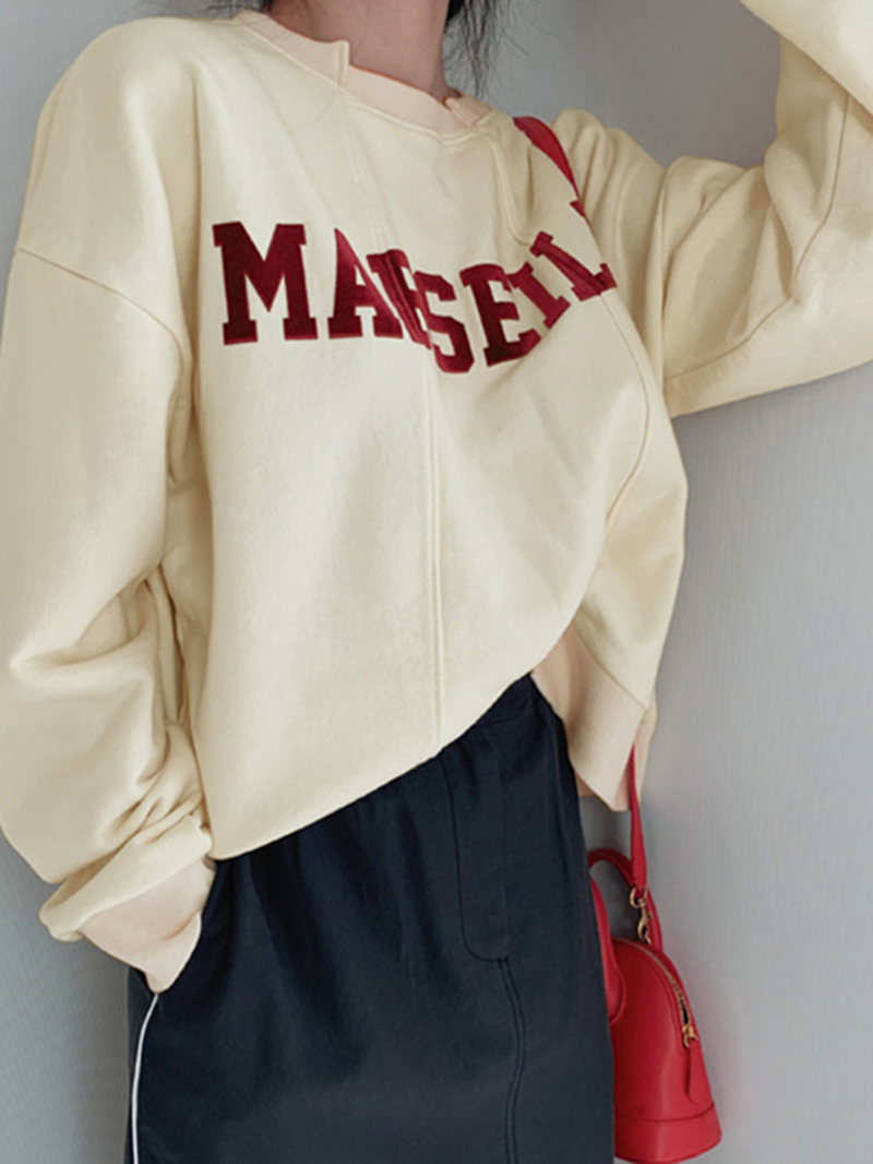 Sweat-shirt ample à manches longues et col rond, imprimé lettres, abricot, Street TW003