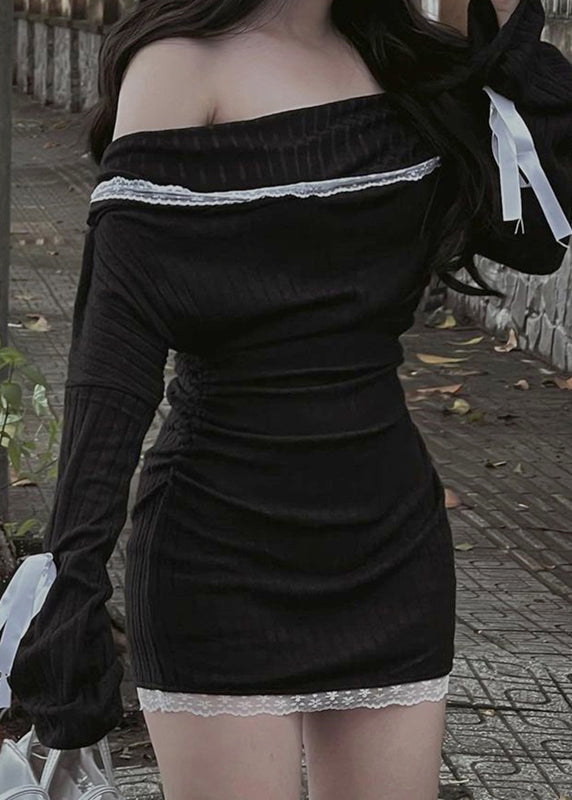 Spitze Baumwolle Schleife Kleid Stricken Schwarz Frühling Hals Slim Fit Slash