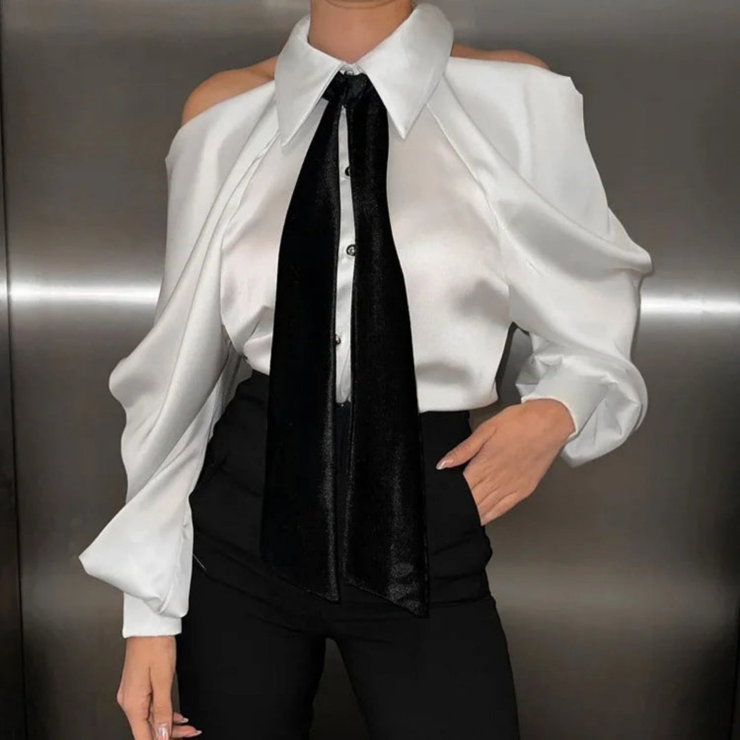 Satin Off Tie Top Ärmel Party Lange Schulter Revers Weiß mit
