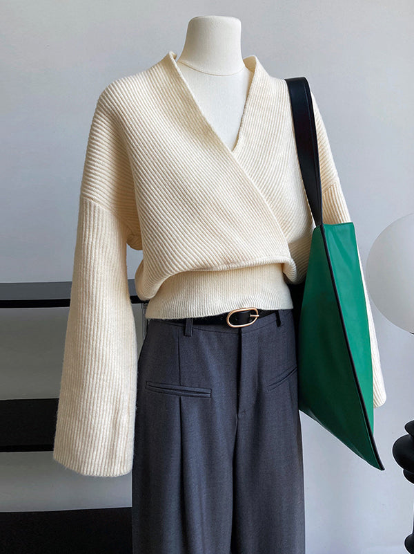 Französischer grauer Pullover mit V-Ausschnitt und langen Ärmeln, Kreuzmuster, QX012