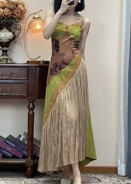 Spaghetti-Spitze Neues Grünes Kleid Patchwork-Träger Ärmellos