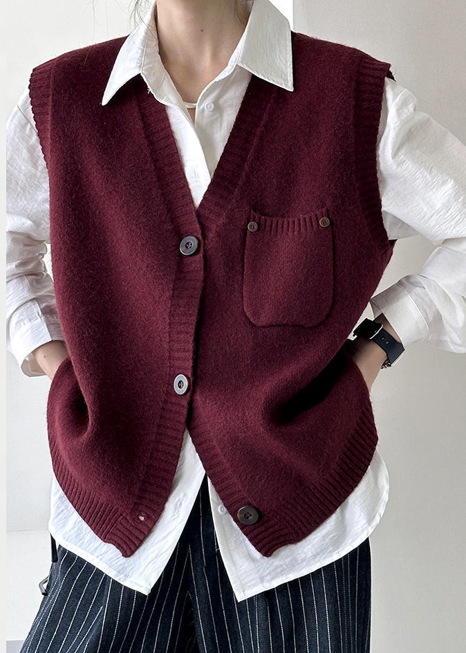 Gilet en tricot confortable avec poches rouge vin et col en V Automne AF1022