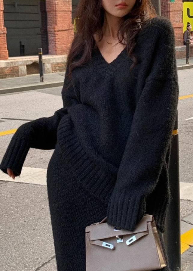 Ensemble deux pièces en tricot de coton marron confortable et jupe longue grande taille, hiver WV029