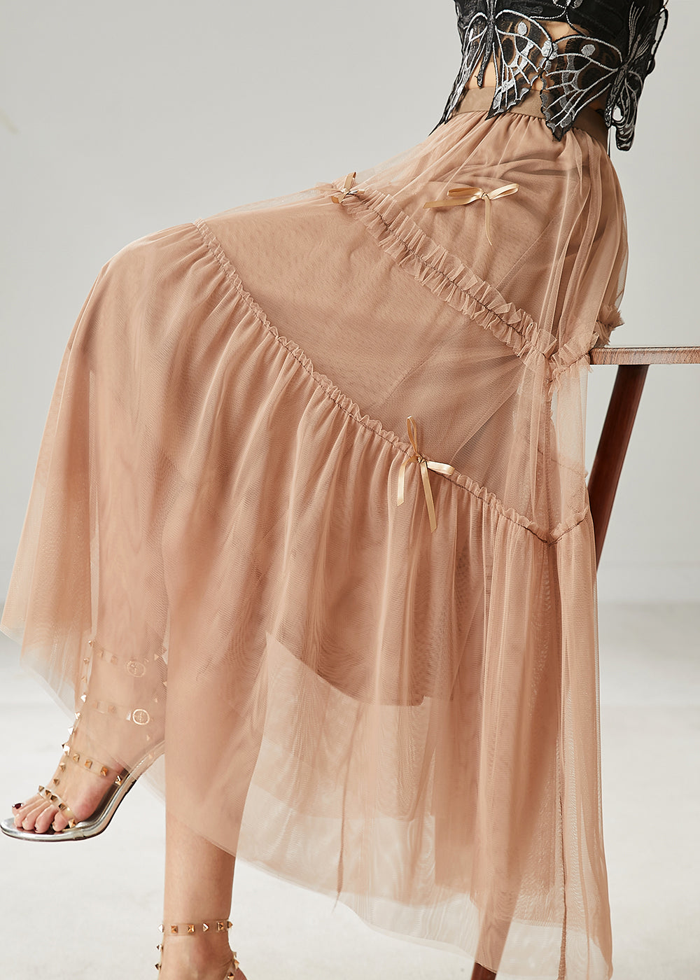 Belle jupe en tulle à volants avec nœud kaki pour l'été AZ1015