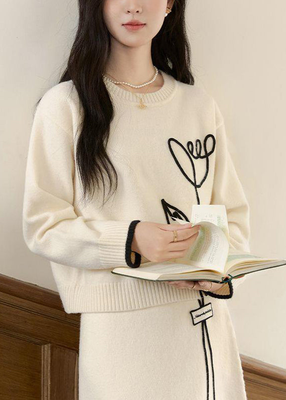 Ensemble deux pièces élégant en tricot beige avec pulls et jupes à col rond, hiver WV012