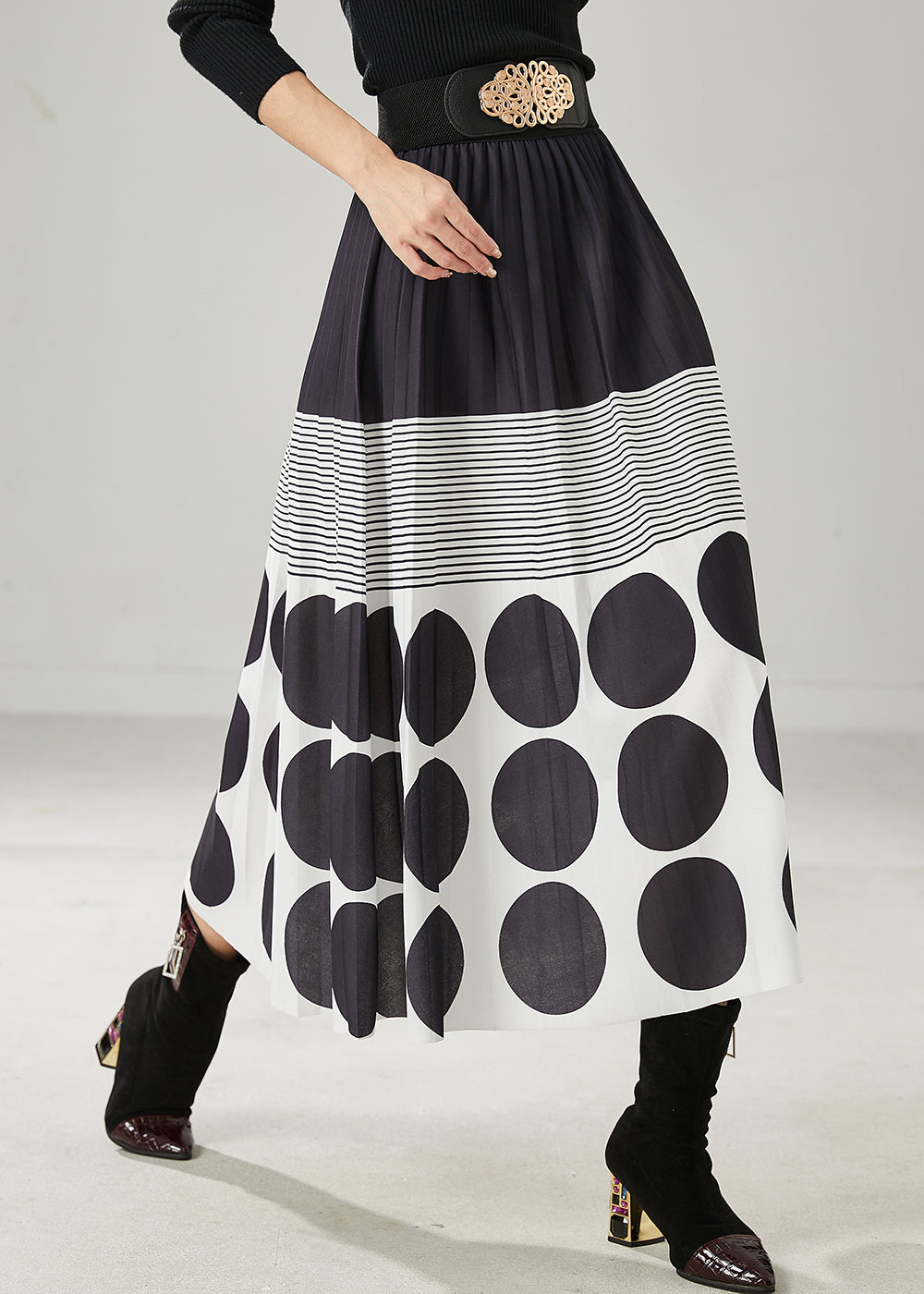 Jupe trapèze en coton imprimé noir pour femme Printemps AZ1031