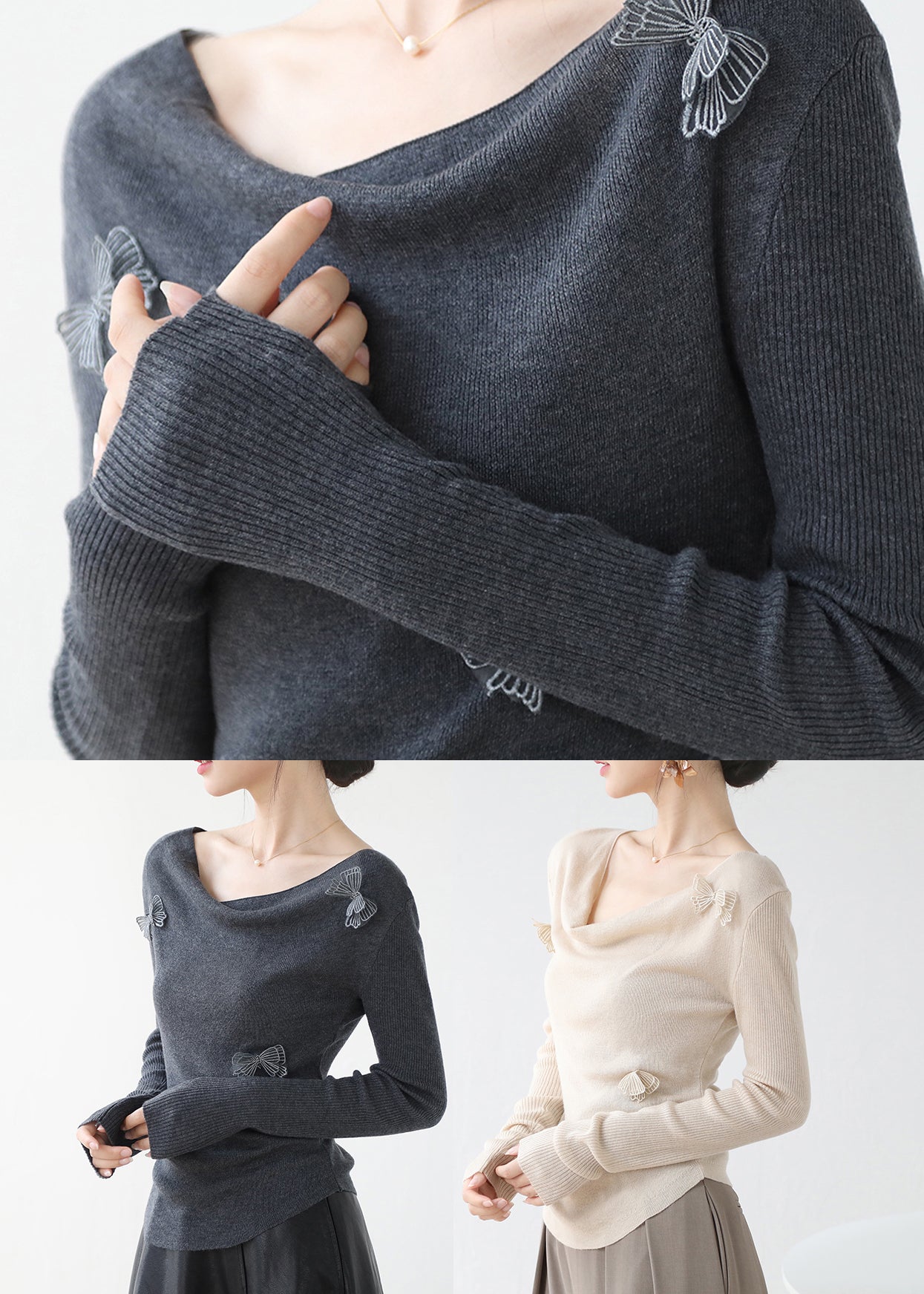 Haut en tricot ajusté à motif papillon abricot hiver RV022
