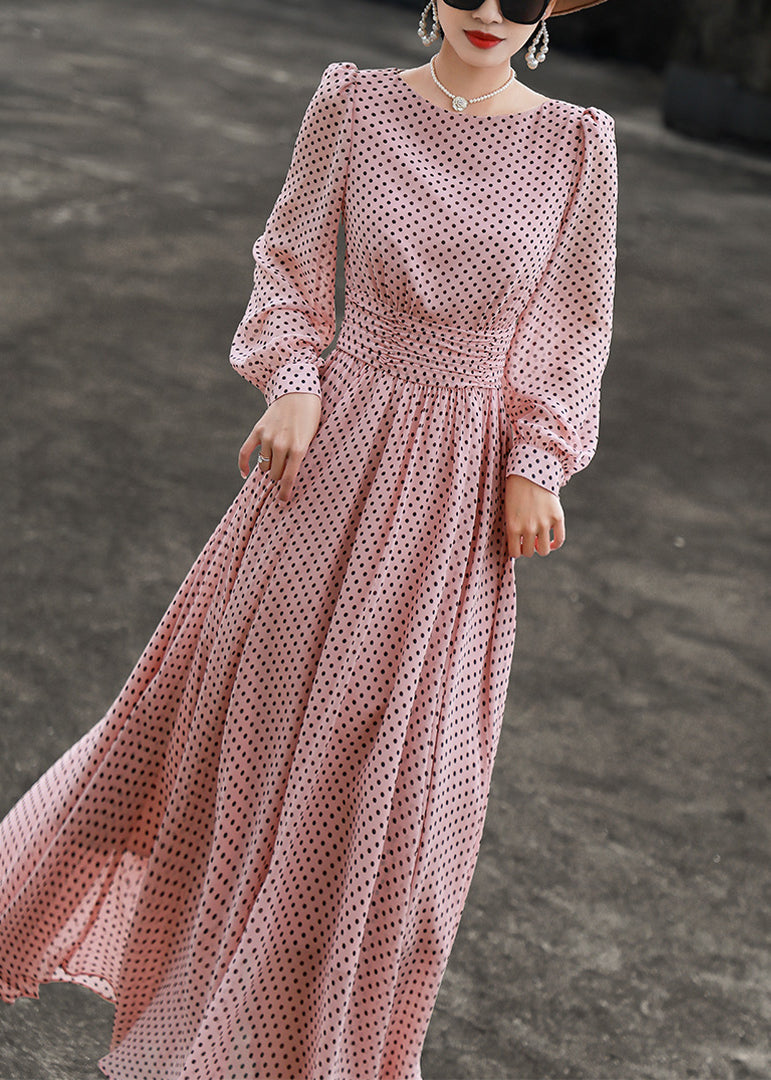 Ärmel Hals Rosa Slim Fit Kleider Dot Lange O Chiffon