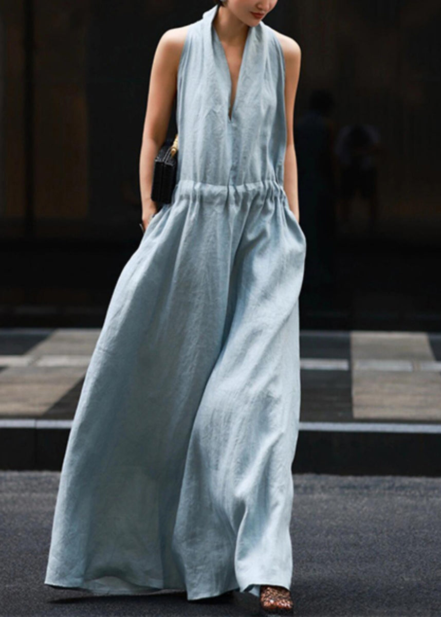 Neu Licht Leinen Solide Kleider Blau Robe Taille Krawatte
