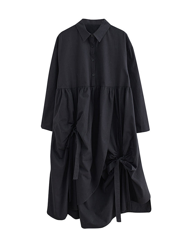 Robe chemise noire élégante à revers boutonnée avec cordon de serrage et poches plissées nouées et manches WS004
