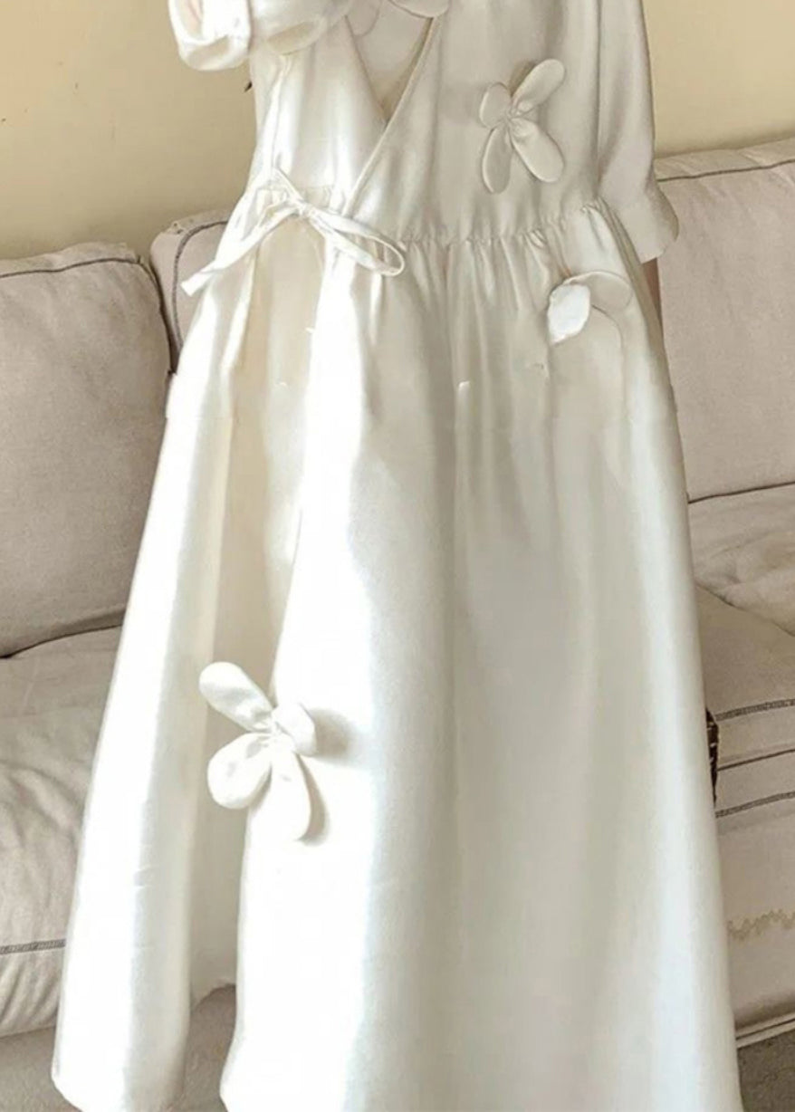 Hals Chic Sommerkleid Lang V Spitze Blumen Baumwolle Weiß Up