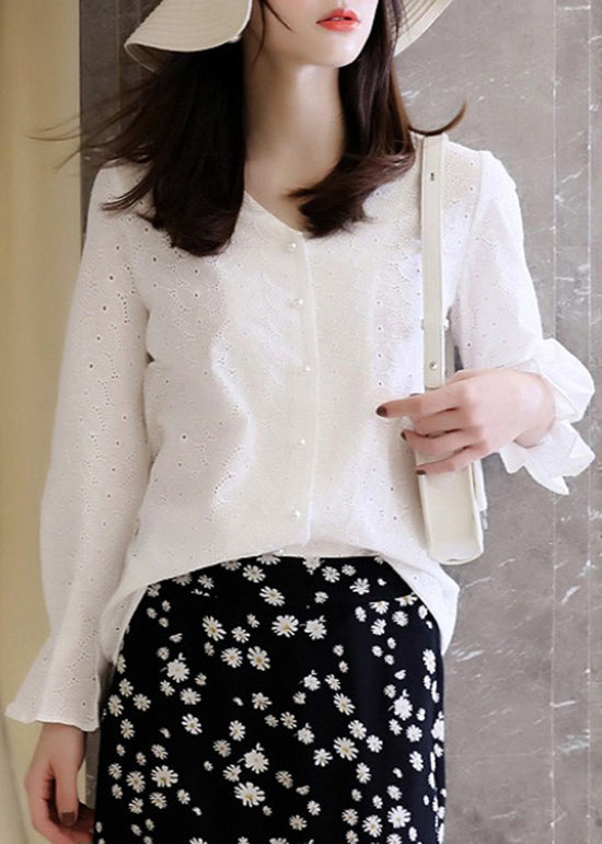 Flare Out French Hollow Weißes Baumwolltop mit V-Ausschnitt und Stickerei