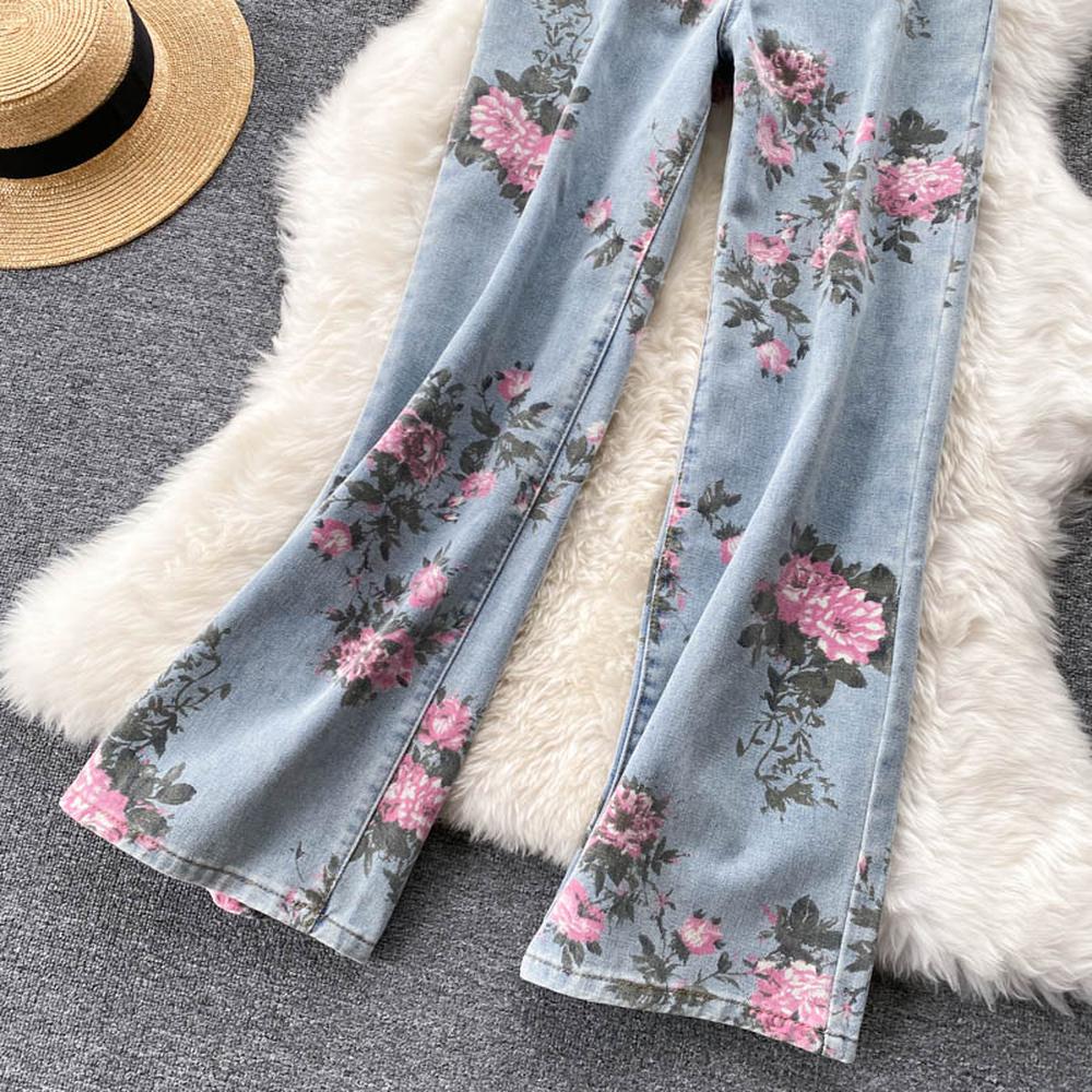 Damen Jeanshose mit weitem Bein und Rosen-Print, Blau AR1016