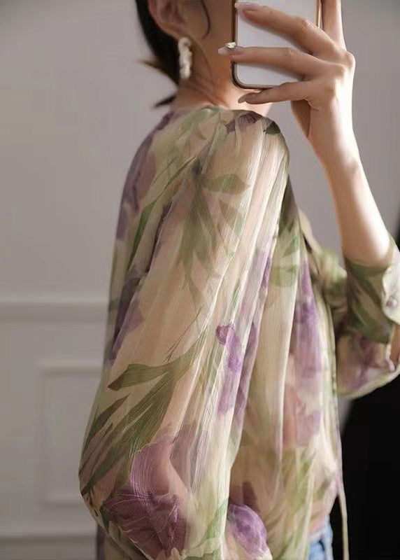 Französische Chiffonbluse mit langem Ärmel und grünem Aufdruck EE009