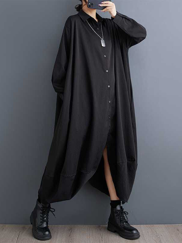 Stilvolles schwarzes A-Linien-Hemdkleid mit Revers, geknöpften Taschen, Blütenblattsaum und langen Ärmeln TW015