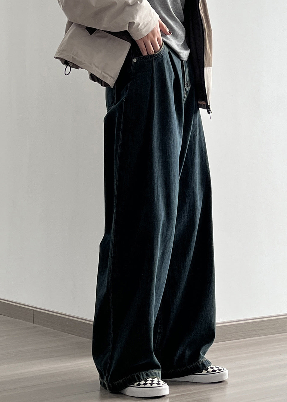 Pantalon droit en denim taille haute avec poches kaki Boutique Automne AF1006