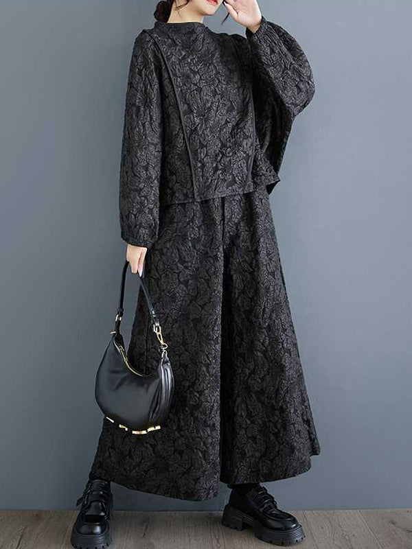 Edles schwarzes Jacquard-Set mit Raglanärmeln, Rundhalsausschnitt und weiten Hosenbeinen, Taschen in der Taille und Gummizug im Hosenbund WS014