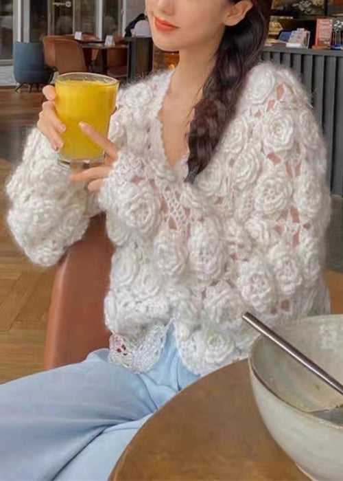 Floral Beige Knopf Aushöhlen Baumwolle Strickmäntel Frühling GEM594