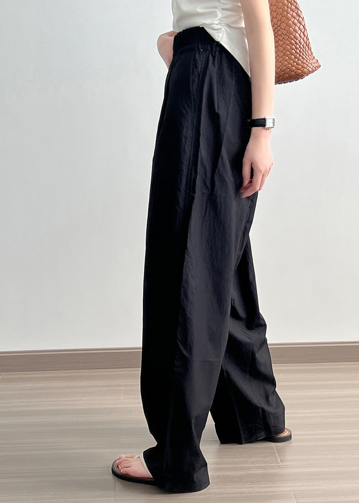 Pantalon large en coton à poches noires, taille élastique, froissé, automne AF1079
