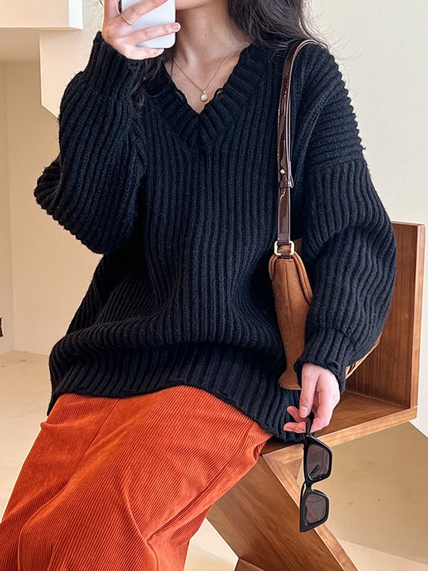 Pull en tricot à manches longues et col en V Urban Fuchsia AN1046