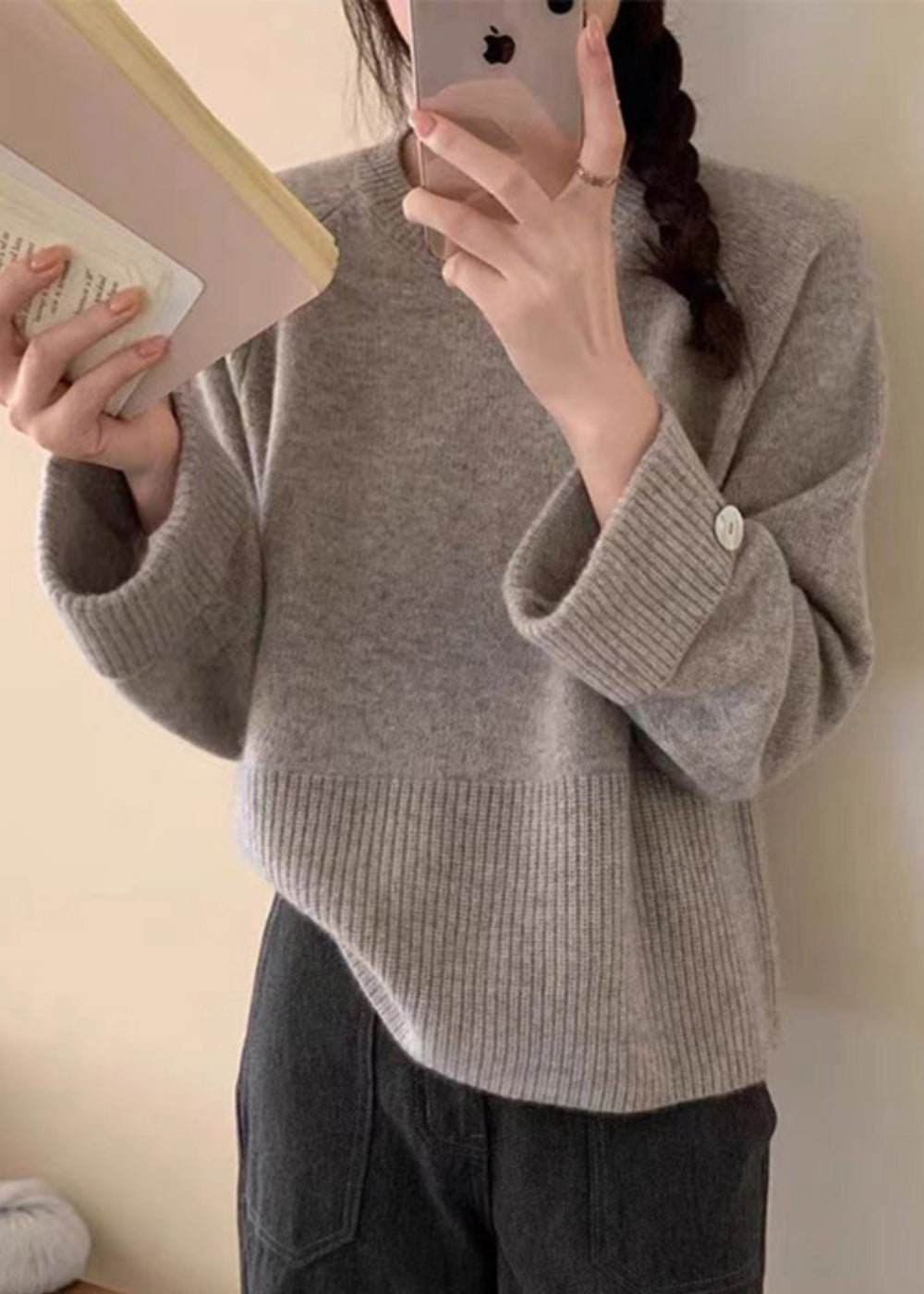 Lässiger lila Rundhals-Strickpullover aus gemütlicher Baumwolle für den Herbst QP023