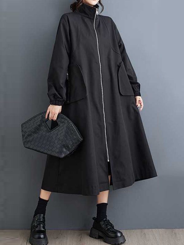 Trench-coat rétro kaki à col montant, poches zippées et manches longues TW005