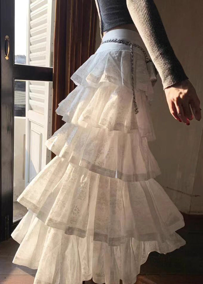 Jupe bohème blanche froissée taille haute en coton été AZ1043