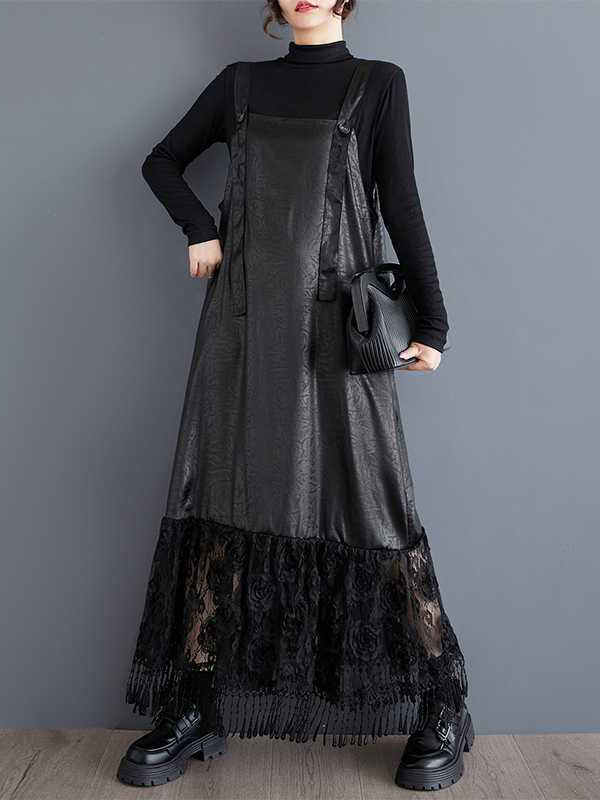 Elegantes schwarzes Hosenträgerkleid mit quadratischem Kragen und Jacquard-Patchwork-Spitze und gerüschtem Saum TW010