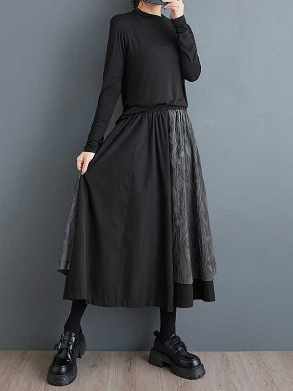 Pantalon large taille haute ample vintage noir avec poches et texture jacquard patchwork, culotte WS002