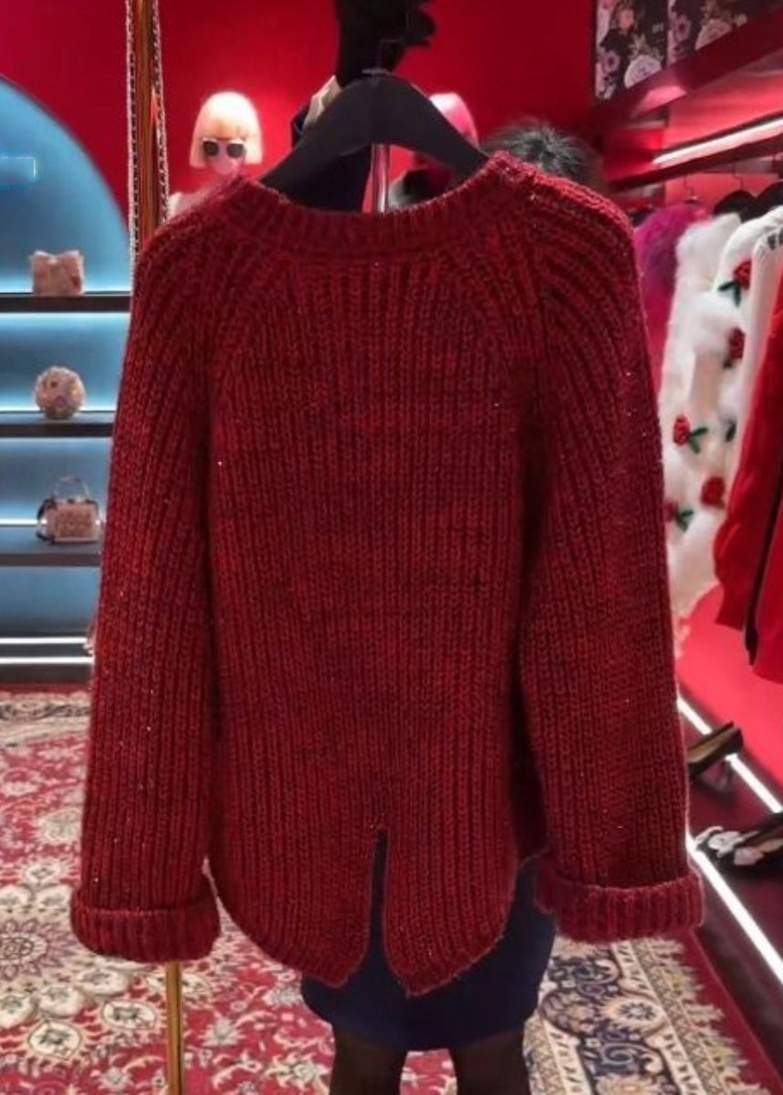 Pull en tricot de coton épais à col rond et motif floral rouge élégant pour l'hiver WD037