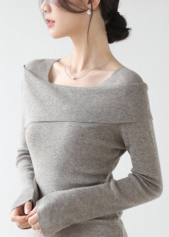 Pull en maille slim gris français à col bateau et patchwork, hiver RV031