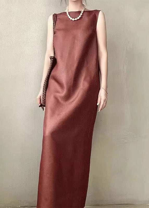 Offene Seite Ärmellos Lange Rücken Elegante Rote Kleid Taschen Seide