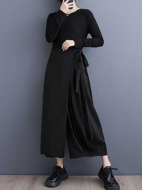 Pantalon élégant noir élastique taille haute asymétrique noué patchwork plissé neuvième pantalon WS015