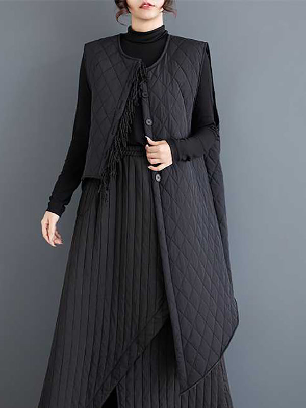 Lässige schwarze asymmetrische Steppweste mit Rundhalsausschnitt und Knöpfen, ärmellos, gepolstert TW014