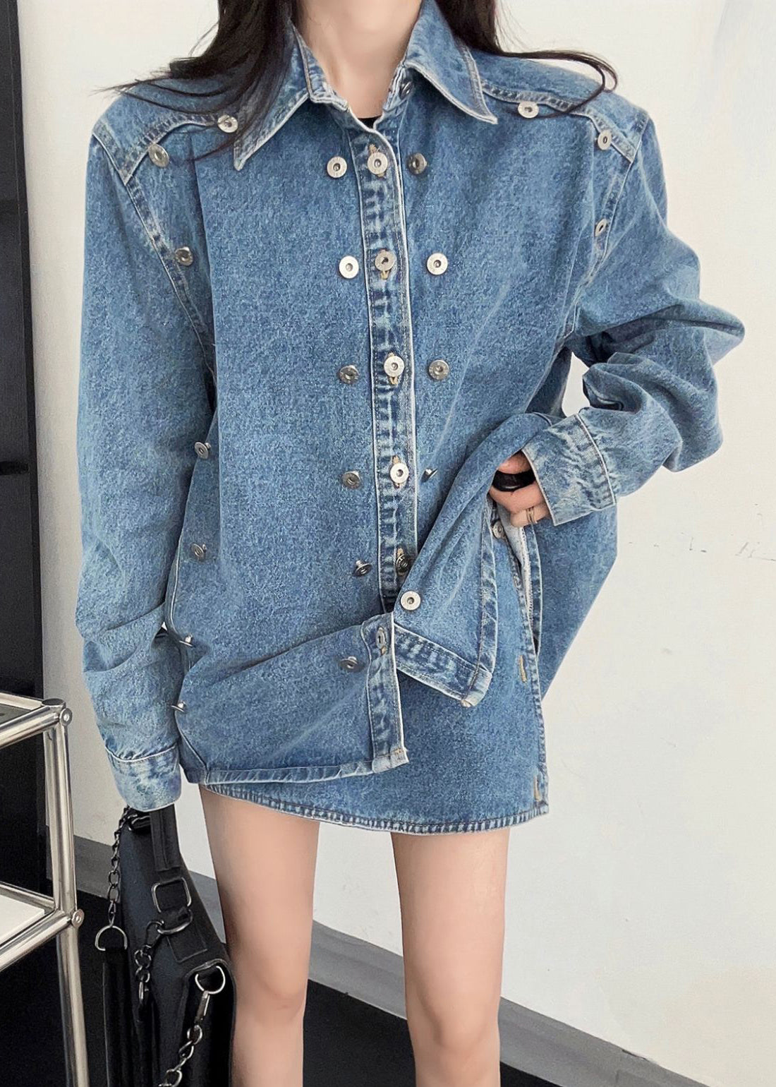 Ensemble deux pièces en denim bleu français à col Peter Pan et boutons Automne EE005