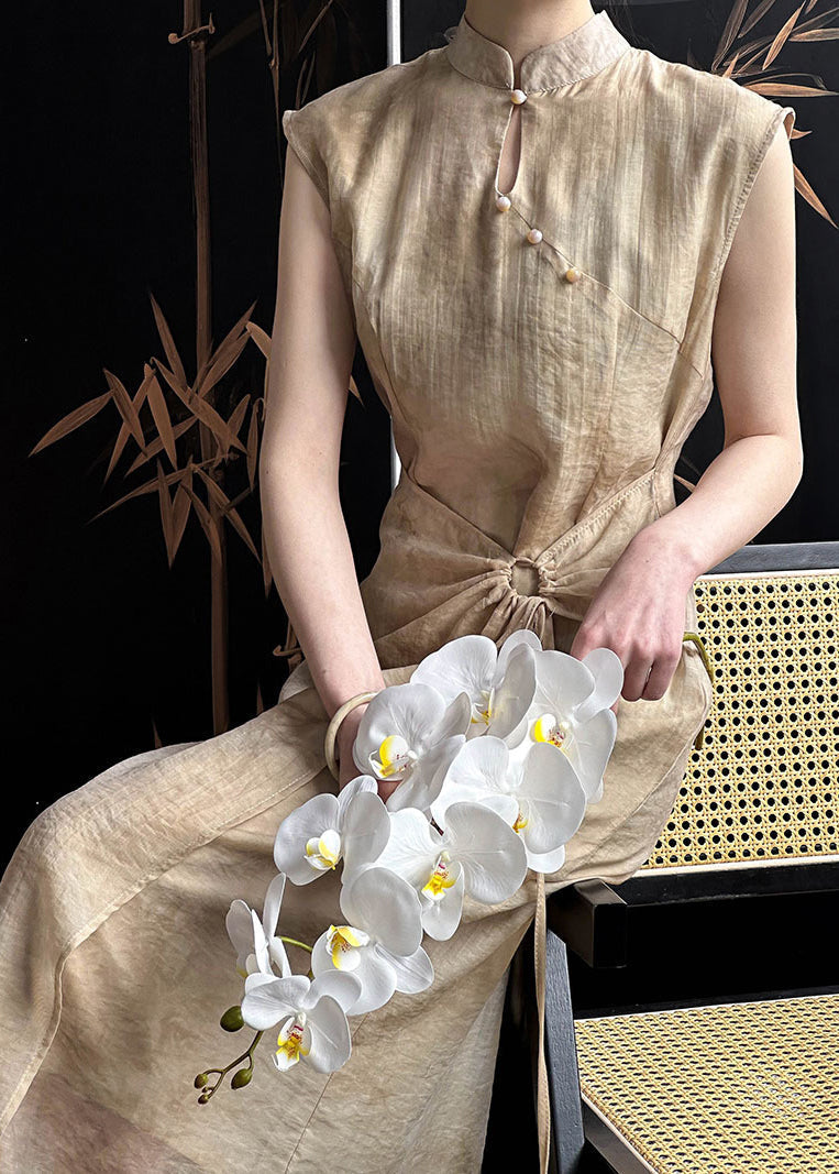 Robe longue en coton et soie kaki avec cordon de serrage et col montant sans manches AF1031