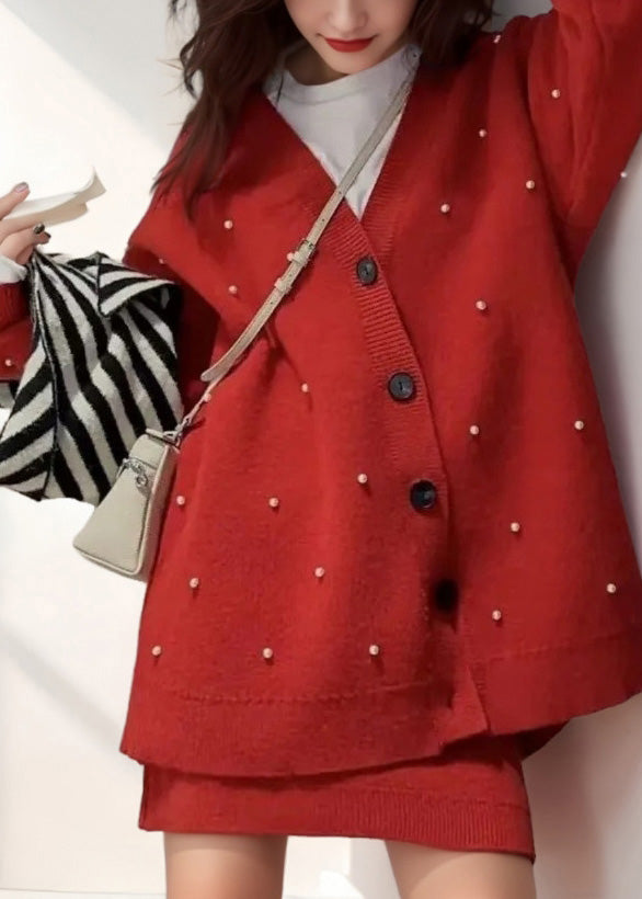 Mode Rot V-ausschnitt Nail Bead Baumwolle Strickjacke Und Röcke Zwei Stücke Set Winter WV001