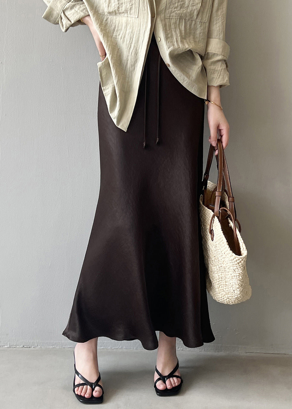 Jupes drapées taille haute en soie avec cordon de serrage doré Boutique Automne QC023