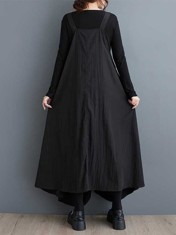 Robe mi-longue noire à bretelles, col carré, volants, poches, coupe trapèze, WS003