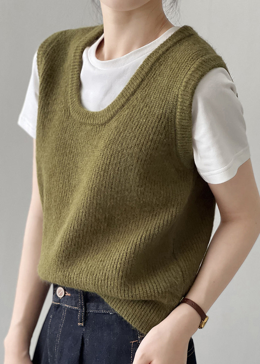 Gilet tricoté simple et polyvalent à col en U vert automne WD016 2024
