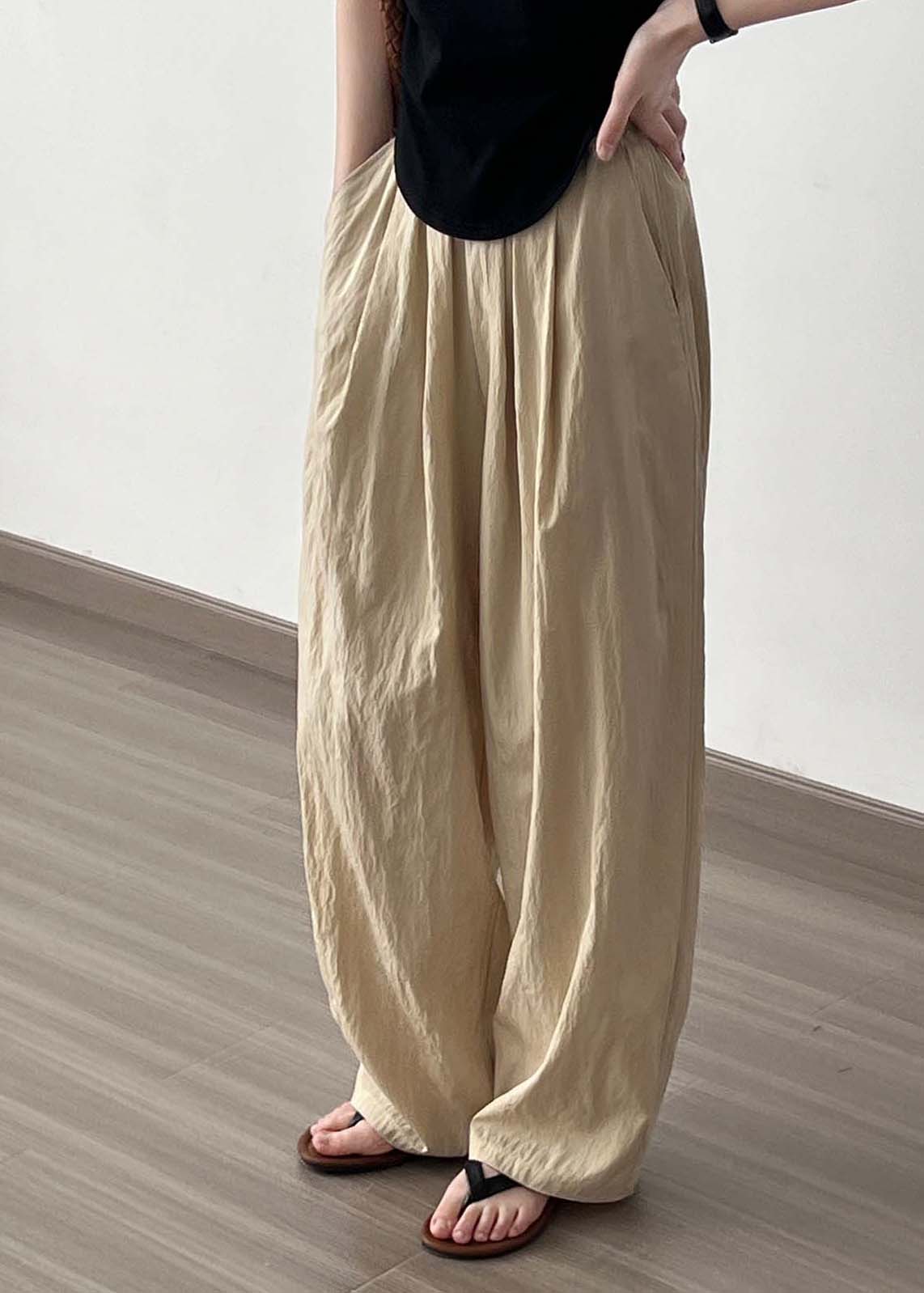 Pantalon large en coton froissé taille haute kaki pour femme Automne AF104