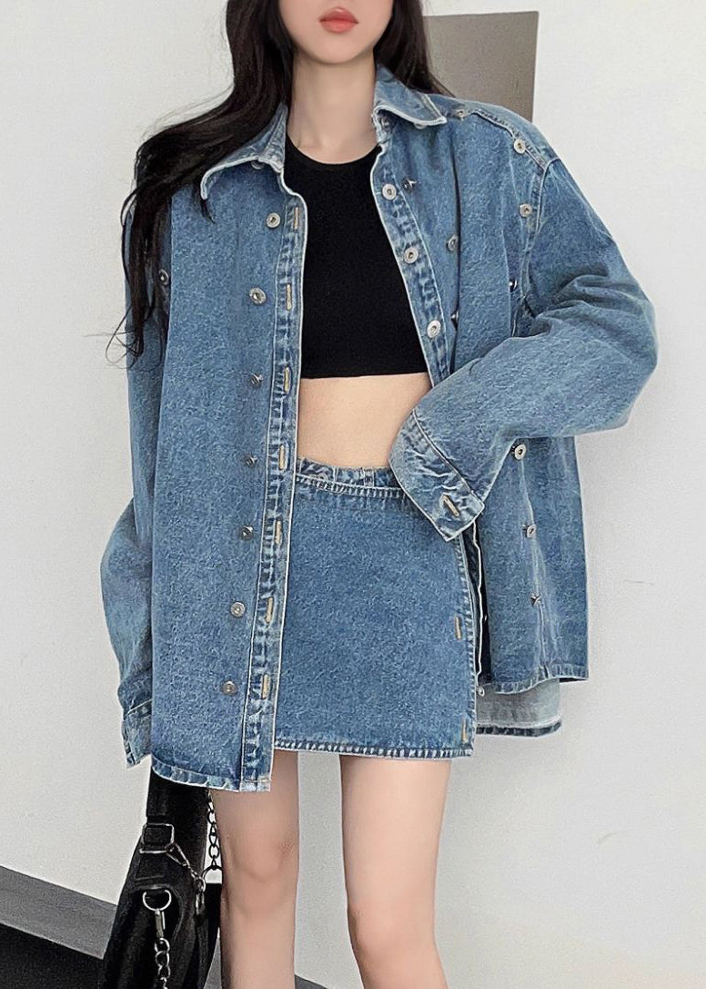 Ensemble deux pièces en denim bleu français à col Peter Pan et boutons Automne EE005