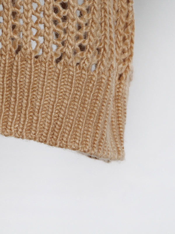 Haut élégant en tricot à manches longues et col en V ajouré en kaki AN1047