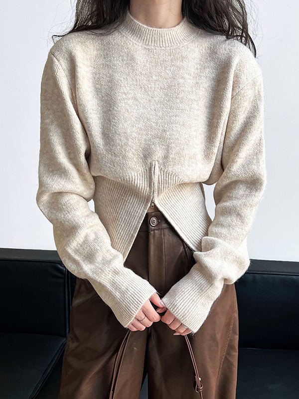 Pull à manches longues avec col montant et ourlet fendu et fermeture éclair Urban Coffee QX004