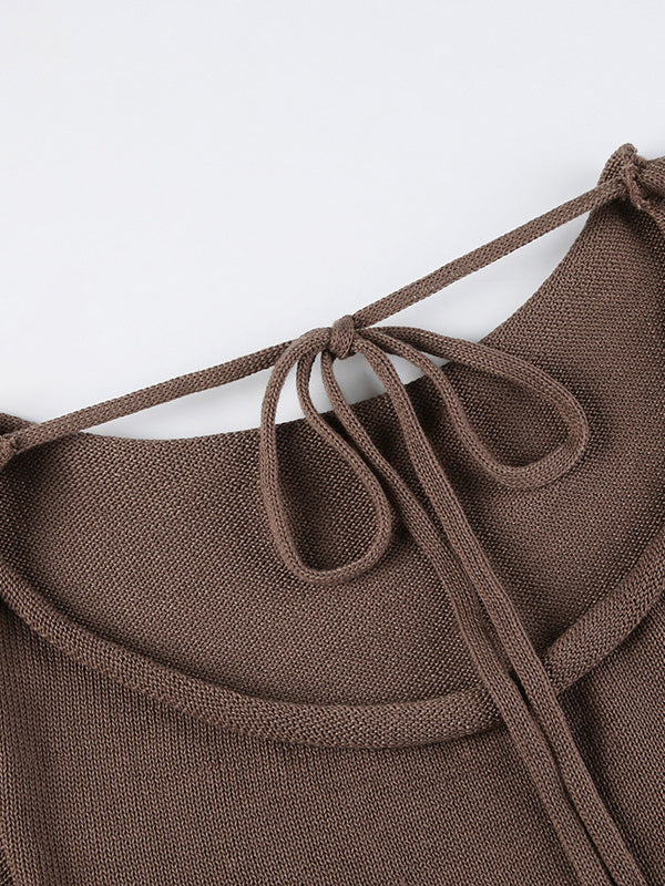 Pull vintage marron à col rond et manches longues en cloche avec lacets croisés dans le dos AN1039