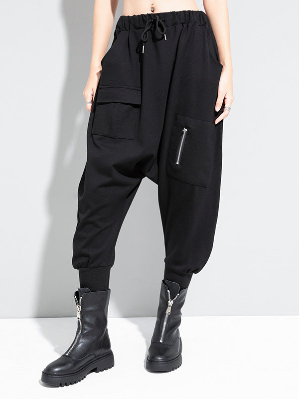 Pantalon sarouel simple noir avec poches à la taille et élasticité WS012
