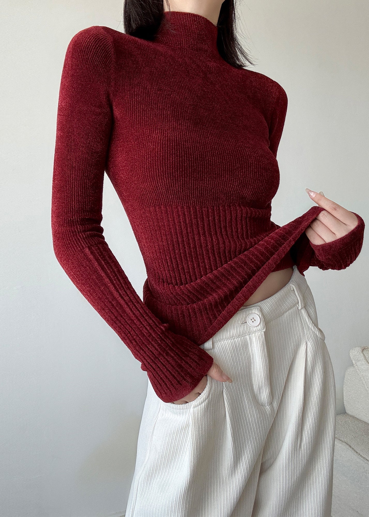 Slim Fit Brauner Patchwork-Strickpullover mit hohem Halsausschnitt, Winter, RV039